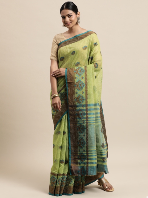 

Pisara Olive Green Ethnic Motifs Jute Cotton Kanjeevaram Saree