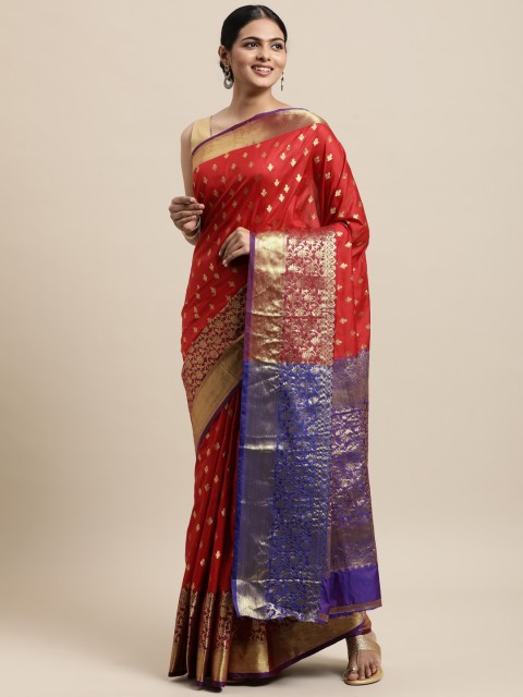 

Mitera Red & Violet Ethnic Motifs Zari Silk Cotton Banarasi Saree