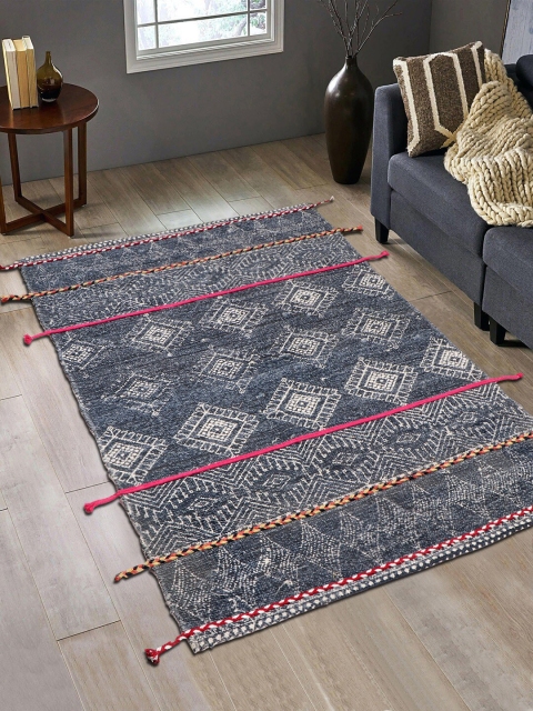 

KICA Blue & Off-White Geometric Pure Cotton Rectangular Dhurrie