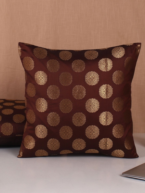 

Molcha Set Of 5 Brown & Gold-Toned Banarasi Brocade Square Cushion Covers
