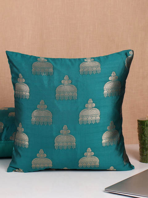 

Molcha Set Of 5 Green & Gold-Toned Banarasi Brocade Square Cushion Covers