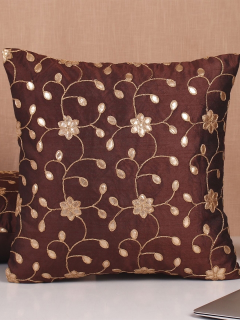 

Molcha Set Of 5 Brown & Gold-Toned Floral Embroidered Square Cushion Covers