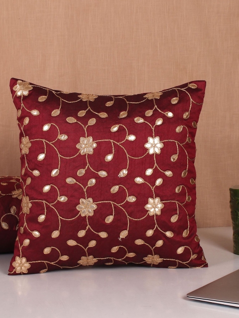 

Molcha Set Of 5 Burgundy & Gold-Toned Gotta Patti Embroidered Square Cushion Covers