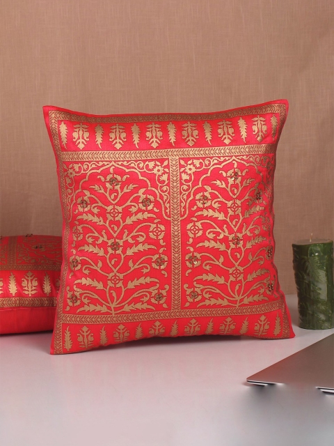 

Molcha Set Of 5 Pink & Gold-Toned Floral Block Printed Square Cushion Covers