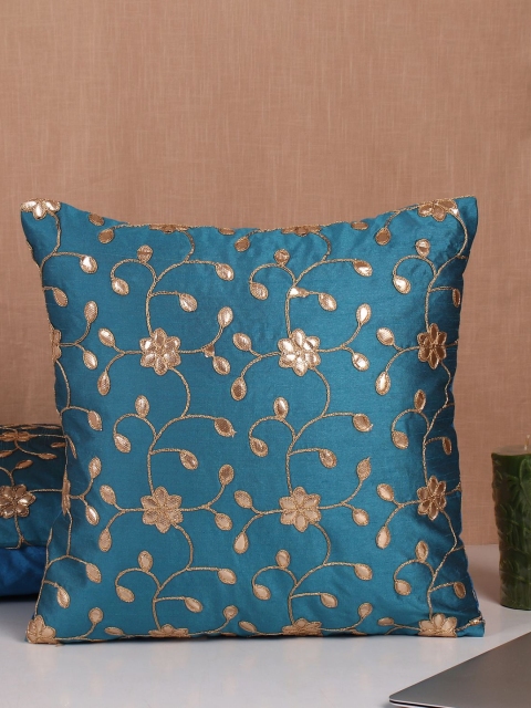 

Molcha Set Of 5 Blue & Gold-Toned Gotta Patti Embroidered Square Cushion Covers
