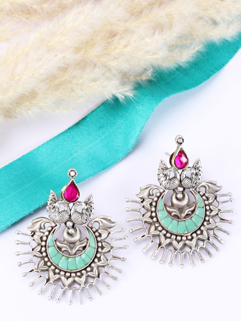 

SANGEETA BOOCHRA Silver-Toned & Green Contemporary Chandbalis Earrings