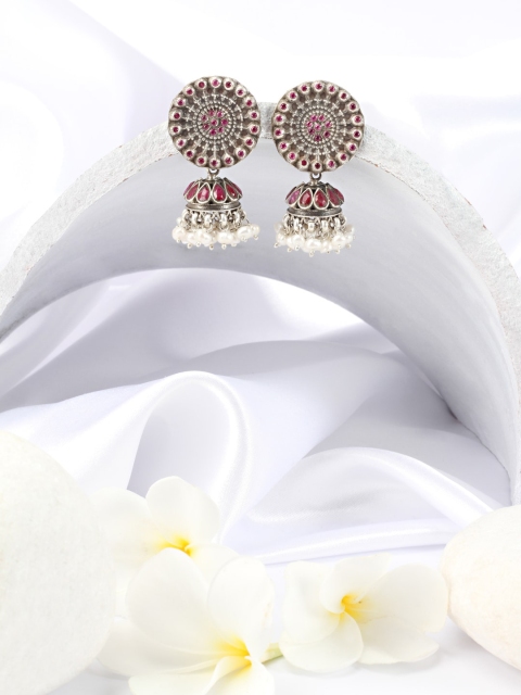 

SANGEETA BOOCHRA Silver-Toned & Pink Silver Plated Contemporary Jhumkas Earrings