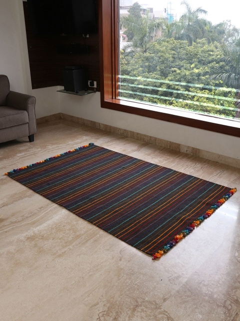 

ExclusiveLane Black & Green Striped Handwoven Rajasthani Inlay Wool Panja Dhurrie