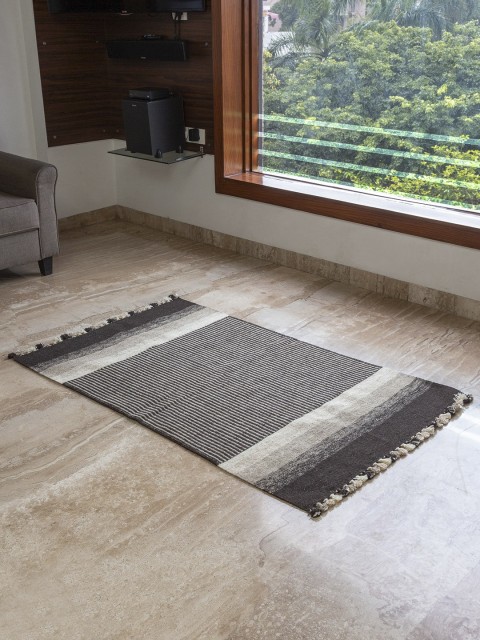 

ExclusiveLane Black & Grey Striped Handwoven Rajasthani Inlay Wool Panja Dhurrie