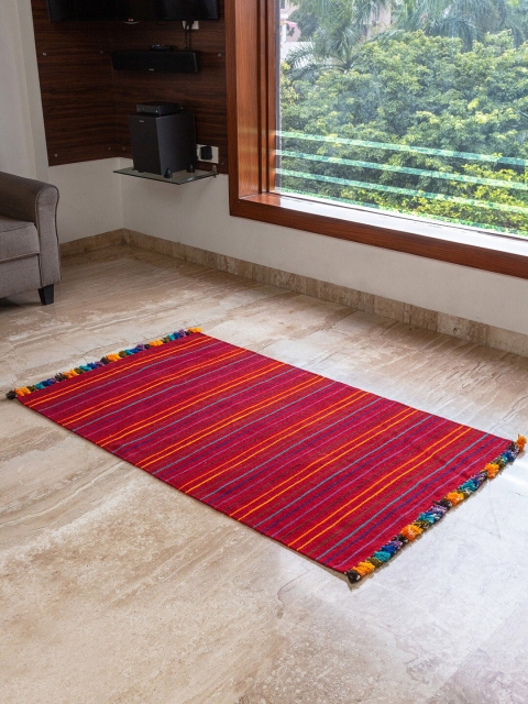 

ExclusiveLane Red & Yellow Striped Handwoven Rajasthani Inlay Wool Panja Dhurrie