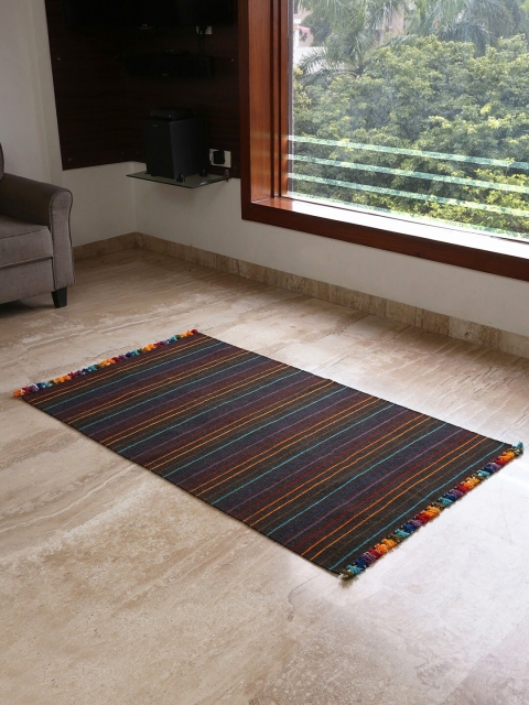 

ExclusiveLane Black & Green Striped Handwoven Rajasthani Inlay Wool Panja Dhurrie