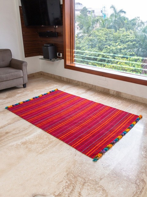 

ExclusiveLane Red & Yellow Striped Handwoven Rajasthani Inlay Wool Panja Dhurrie
