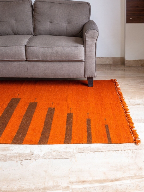 

ExclusiveLane Orange & Brown Striped Handwoven Rajasthani Inlay Wool Panja Dhurrie