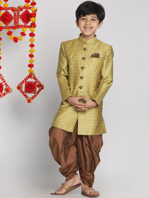 

Vastramay Boys' Mustard And Coffee Brown Indowestern Sherwani and Cowl Dhoti Pant Set