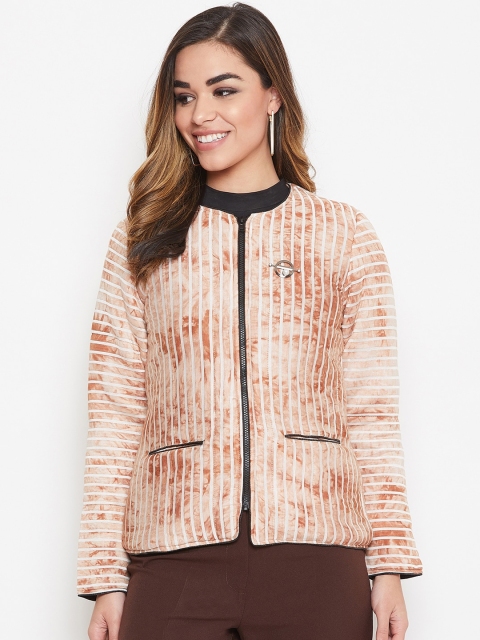 

armure Women Brown White Striped Lightweight Quilted Jacket