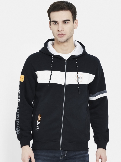 

Octave Men Navy Blue & White Striped Open Front Hooded Sweatshirt