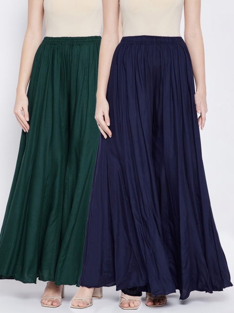

TULIP 21 Women Pack of 2 Navy Blue & Green Flared Palazzos