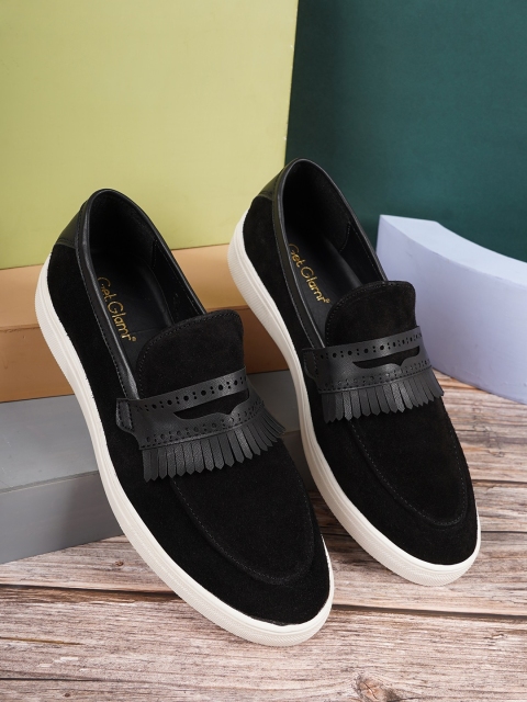 

Get Glamr Men Black Woven Design Suede Slip-On Sneakers
