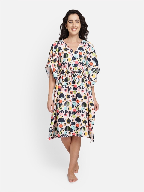 

Bellofox Women Off White & Yellow Graphic Printed Maternity Kaftan Night Dress