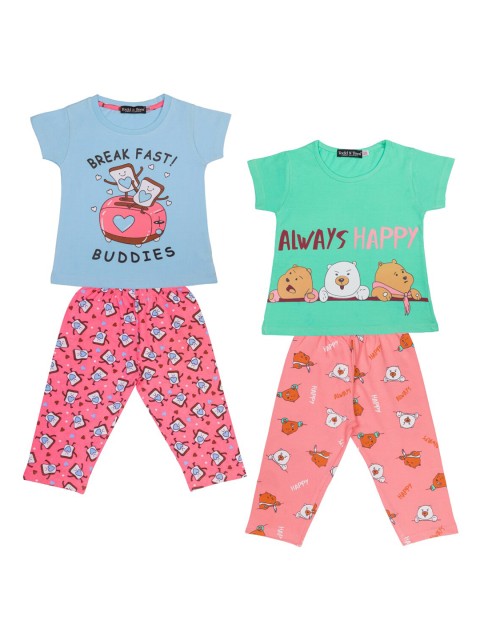 

Todd N Teen Girls Pack of 2 Blue & Pink Cotton Printed Night suit