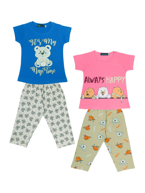 

Todd N Teen Girls Pack of 2 Blue & Pink Cotton Printed Night suit