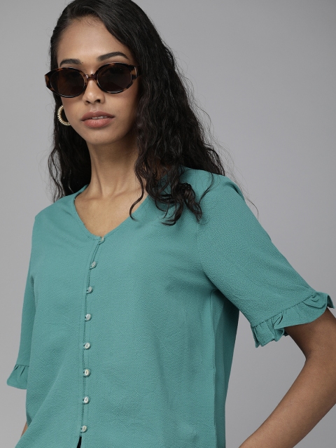 

ONLY Women Teal Green Self Design V-Neck Regular Top