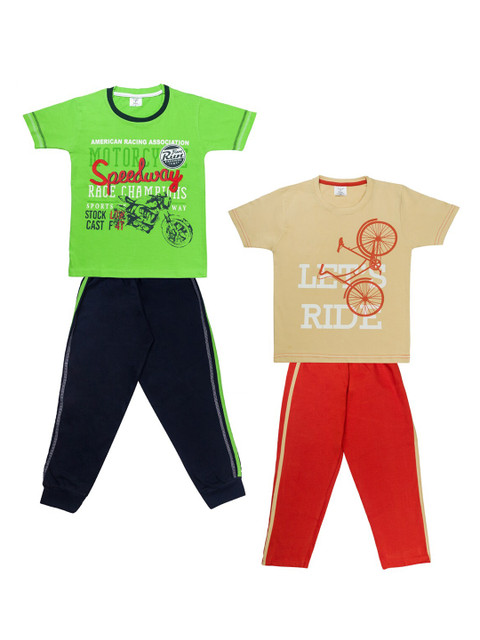 

Todd N Teen Boys Pack Of 2 Green & Beige Printed T-shirt with Trousers