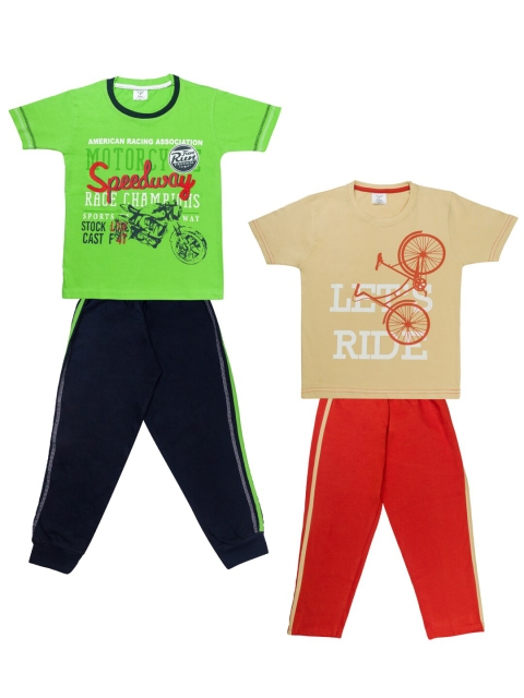 

Todd N Teen Boys Pack of 2 Green & Beige Printed Pure Cotton T-shirt with Track Pants