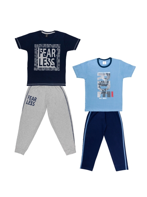 

Todd N Teen Boys Pack Of 2 Pure Cotton Navy Blue & Blue Printed T-Shirt with Pyjama