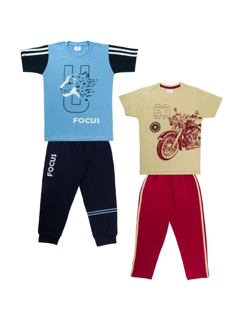 

Todd N Teen Boys Set of 2 Blue & Beige Printed Pure Cotton T-shirt with Trousers