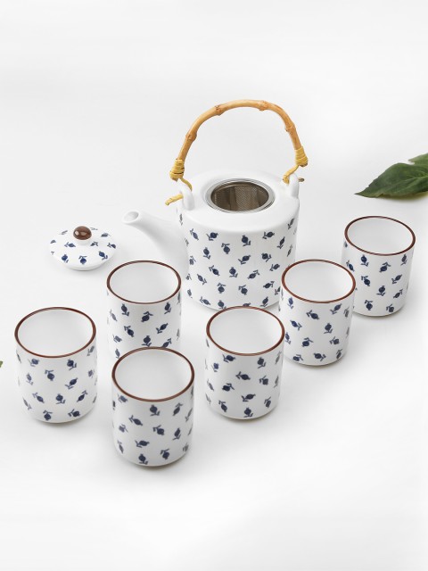 

Bigsmall White & Black Printed Porcelain Matte Kettle 7 Pcs Teapot Mug Set