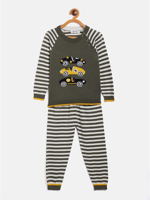 

JWAAQ Unisex Kids Olive Green & White Pure Wool Striped T-Shirt & Joggers