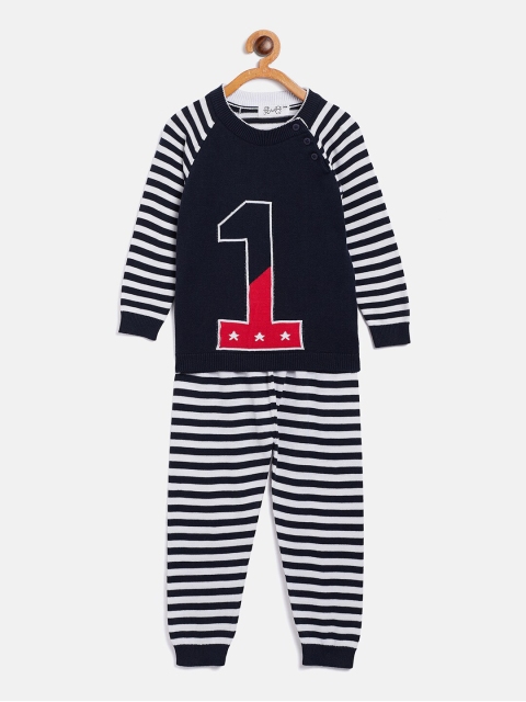 

JWAAQ Unisex Kids Navy Blue & White Striped Pure Cotton T-shirt with Trousers