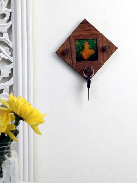 

Unravel India Brown Wooden Key Holder with Ceramic Tile