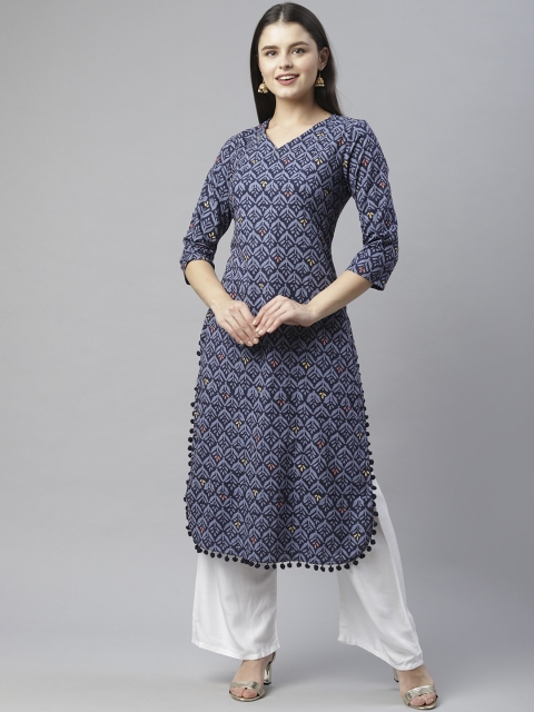 

HERE&NOW Women Navy Blue & Blue Geometric Printed Pure Cotton Kurta