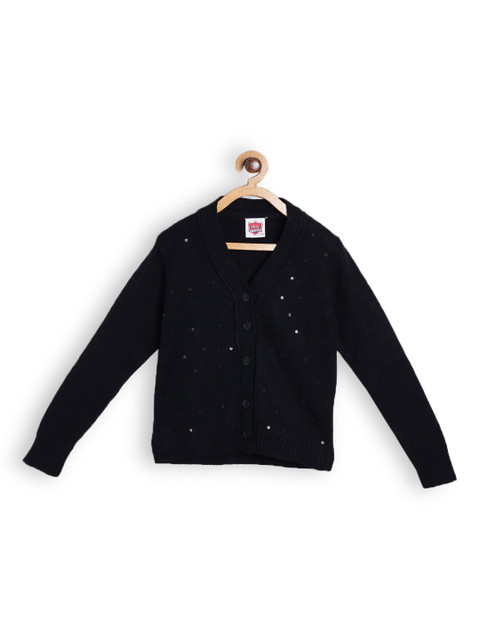 

612 league Girls Black Textured Front Open Cardigan