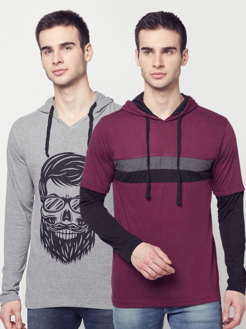 

ELEGANCE Men Pack Of 2 Printed Hooded T-shirt, Grey