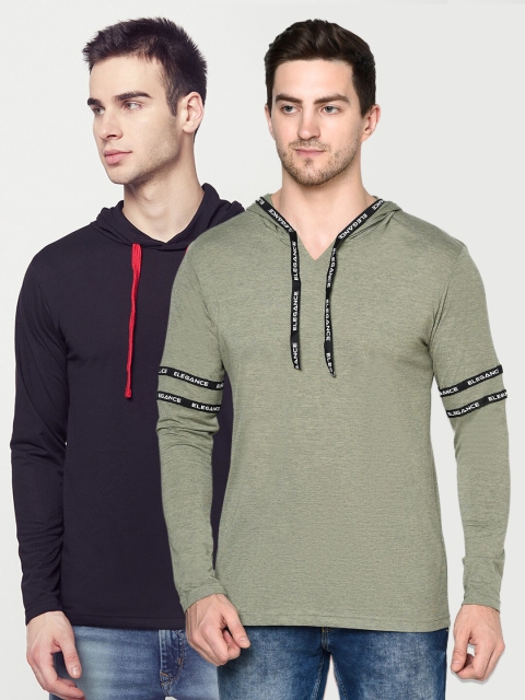 

ELEGANCE Men Pack Of 2 Printed Hooded T-shirt, Olive