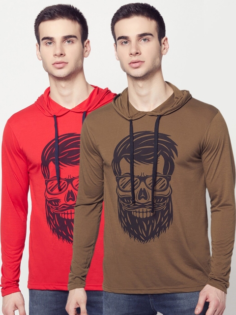 

ELEGANCE Men Pack Of 2 Printed Hooded T-shirt, Red