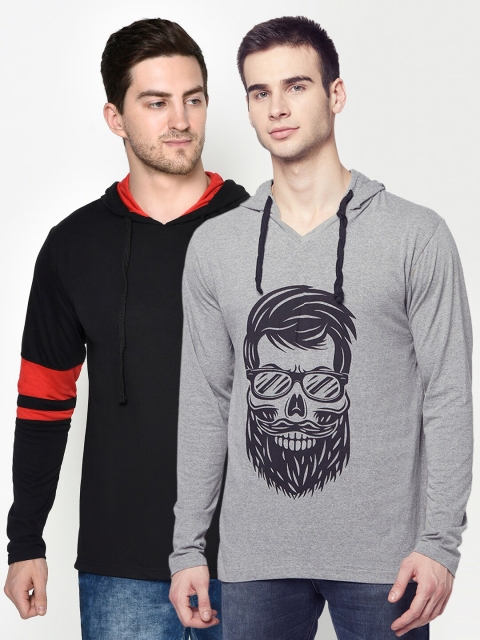 

ELEGANCE Men Pack Of 2 Printed Hooded T-shirt, Black