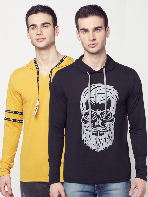 

ELEGANCE Men Pack Of 2 Printed Hooded T-shirt, Yellow