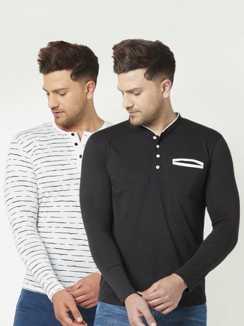 

ELEGANCE Men Pack Of 2 Printed Henley Neck T-shirts, White