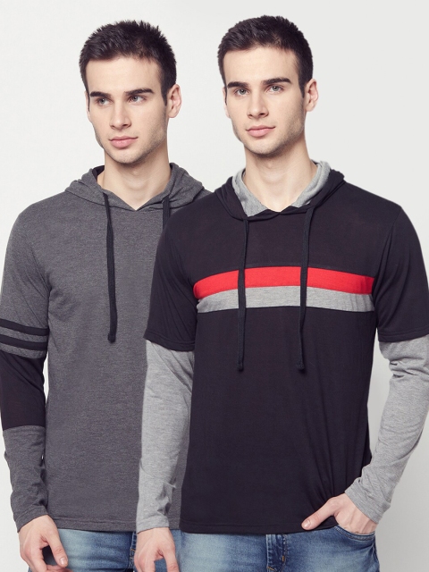 

ELEGANCE Men Pack Of 2 Printed Hooded T-shirt, Grey
