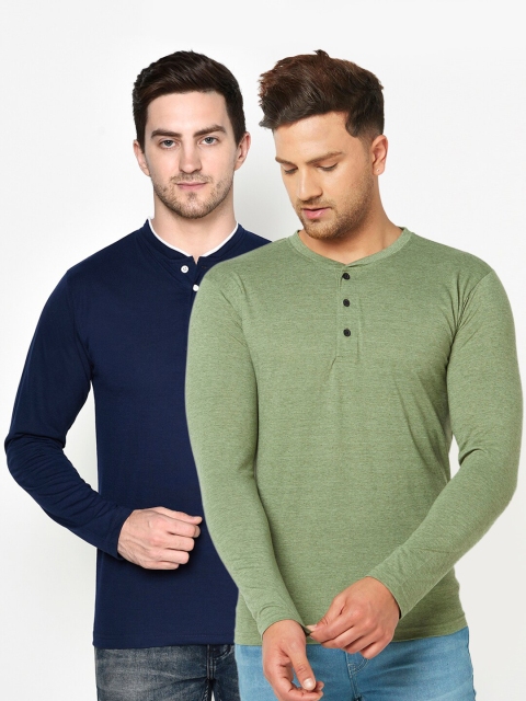 

ELEGANCE Men Pack of 2 Henley Neck T-shirts, Green