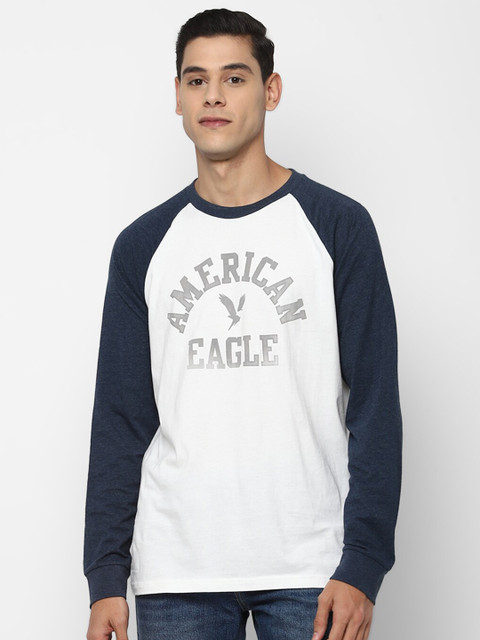 

AMERICAN EAGLE OUTFITTERS Men Blue and White Colourblocked T-shirt