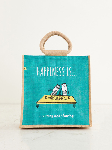 

Home Centre Teal Blue Printed Medium Jute Lunch Bag