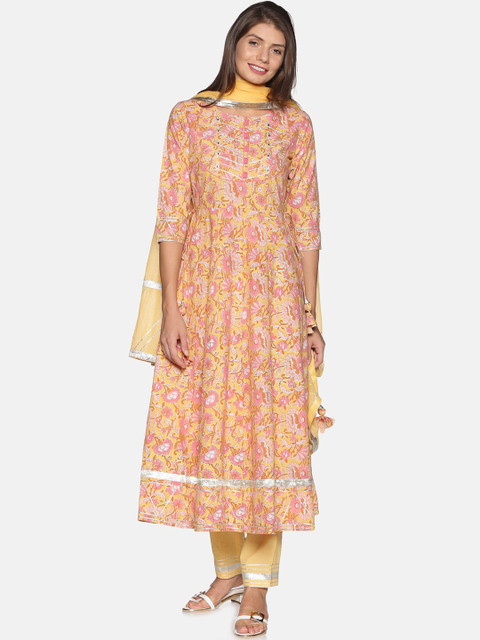 

Palakh Women Yellow Floral Yoke Design Empire Pure Cotton Kurta & Trousers With Dupatta