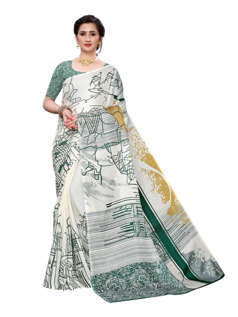 

KALINI Green & Off White Geometric Printed Jute Silk Saree