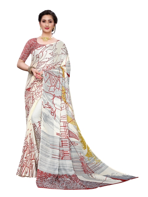 

KALINI Red & Off White Geometric Printed Jute Silk Saree