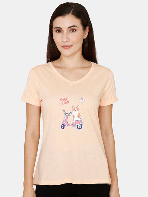 

Zivame Women Peach Printed Tshirt